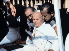 Pope John Paul II collapses after being shot on May 13, 1981, in St. Peter’s Square.